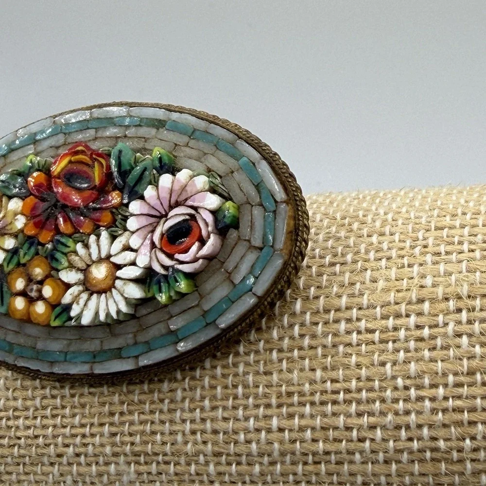 Antique Victorian Brooch Pin Micro Mosaic Inlay Glass Tile Flower Garden Italy